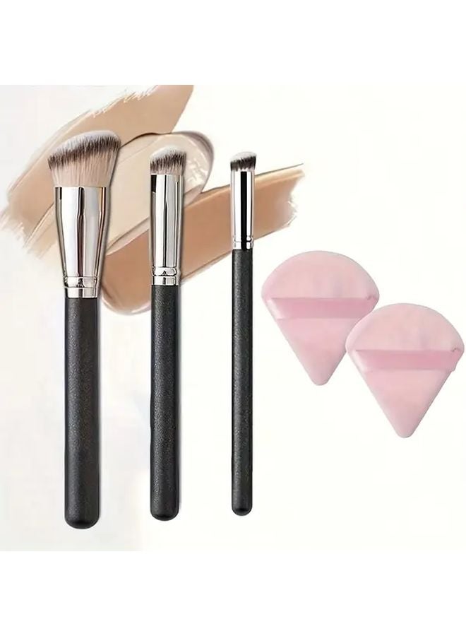 3Pcs Foundation Brush And 2Pcs Black Powder Puff Makeup Brush Set - Image 2